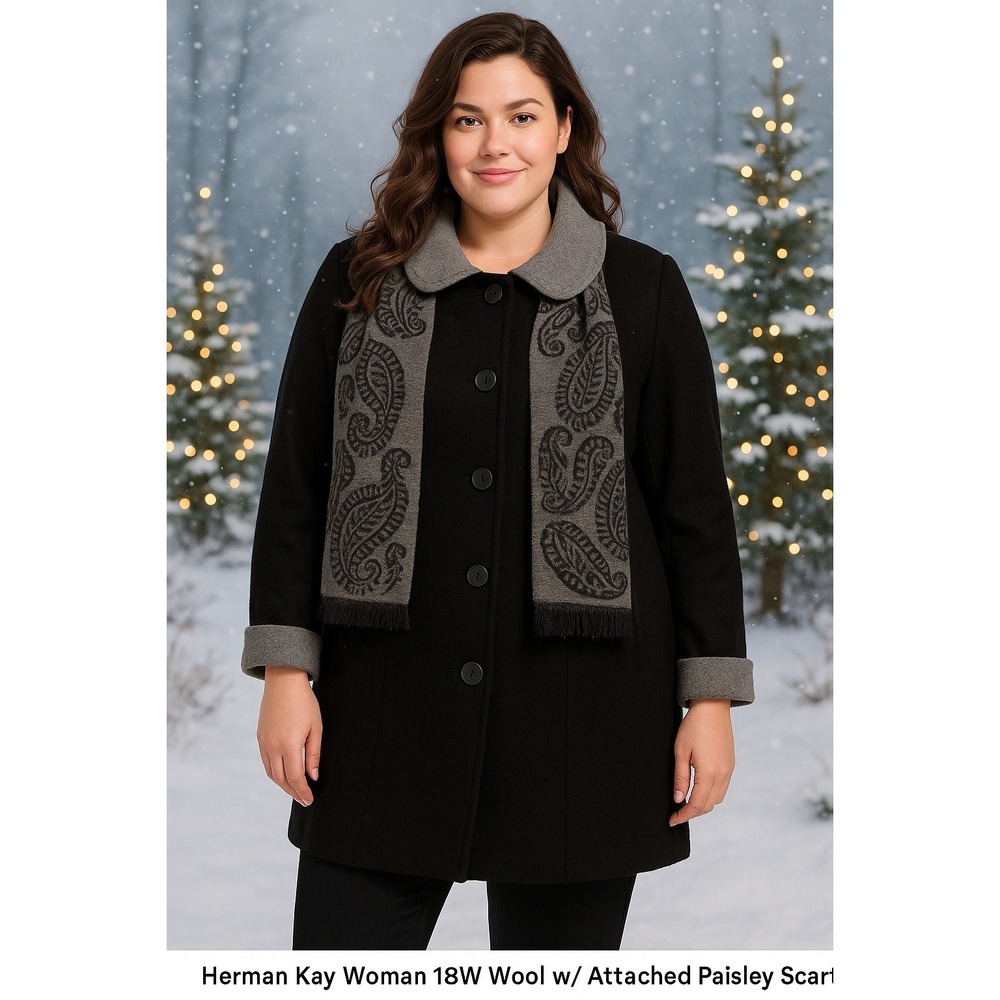 Herman Kay Woman 18W Wool Coat w/ Attached Paisley‎ Scarf Timeless Tailored Chic